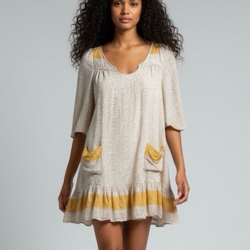 Free People XS Cream Yellow Dress Hippie Boho Boardwalk Retro Luxury Artsy Party